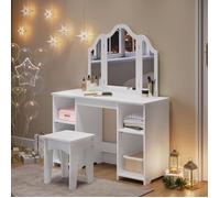 Coiffeuse avec Tabouret pour Fille - WOLTU Table de Maquillage Mignon - Triple Miroir Amovible - Blanc