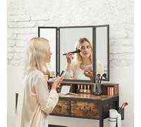 Coiffeuse, Avec Tabouret Rembourré, Avec Miroir Triple, 3 Tiroirs, 90 X 40 X 141 Cm, Porte-Sèche-Cheveux, Pot Marron