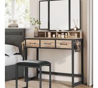 Coiffeuse, Avec Tabouret Rembourré, Avec Miroir Triple, 3 Tiroirs, 90 X 40 X 141 Cm, Porte-Sèche-Cheveux, Pot Marron