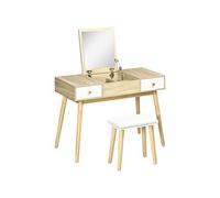 HOMCOM Coiffeuse avec Miroir et Tabouret, Table de Maquillage avec 2 tiroirs et Miroir Rabattable, Coussin rembourré, Bureau Coiffeuse, 100 x 45 x 118 cm, Naturel