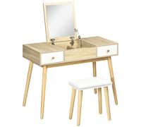 HOMCOM Coiffeuse avec Miroir et Tabouret, Table de Maquillage avec 2 tiroirs et Miroir Rabattable, Coussin rembourré, Bureau Coiffeuse, 100 x 45 x 118 cm, Naturel