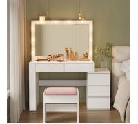Coiffeuse avec Tabouret, Tiroir, avec Éclairage LED et Miroir, Multiprise, 40 x 125 x 140 cm, Blanc