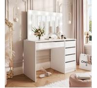 Coiffeuse BELLA - avec Miroir LED - Table de Maquillage à 5 Tiroirs - 110x55x144 cm - Blanc brillant