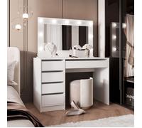 Coiffeuse BELLA - avec Miroir LED - Table de Maquillage à 5 Tiroirs - 110x55x144 cm - Blanc mat