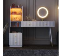 Coiffeuse Blanche 100x40x125cm (Sans Tabouret), Miroir LED Tricolore, 4 Tiroirs + Armoire Verre Éclairée + Rangement Ouvert