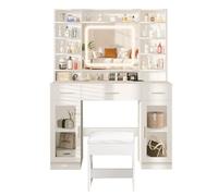 Coiffeuse Blanche avec Miroir LED Coulissant 3 Lumières, 5 Tiroirs et Tabouret Rangement - Port USB - 110x148 cm