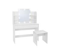 ECD Germany Coiffeuse blanche avec tabouret miroir éclairage LED tiroir et compartiments de rangement 108x40x140 cm table de toilette meuble de maquillage commode cosmétiques femmes filles en bois MDF
