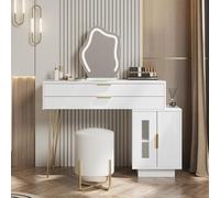 Coiffeuse Blanche LED Miroir Tactile 2 Tiroirs Meuble Latéral 100x40x78cm | Meuble latéral réversible, 2 fix. mur. & bords arrondis : sécurité et agencement flexible pour 1 espace beauté sans risque.