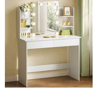 WOLTU Coiffeuse avec Miroir LED à Luminosité Réglable, Coiffeuse avec Rangement, 2 Tiroirs & 4 Étagères, Table de Maquillage Blanche en Bois, Meuble Chambre Style Moderme, Blanc