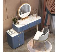 Coiffeuse bleue moderne avec miroir de maquillage, tabouret 6 tiroirs et table de chevet, commode de chambre à coucher pour un grand rangement