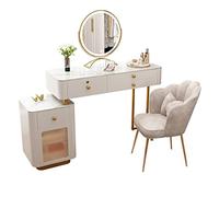 Coiffeuse Bois Ardoise Commode Chambre Avancée Moderne Minimaliste Petit Bureau Table De Maquillage Combinaison Armoire Miroir Cadre en Bois Commode Meuble de Maquillage(Round Stool,100cm)