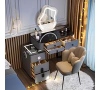 Coiffeuse/chambre à coucher, coiffeuse avec miroir et tabouret, coiffeuse multifonction tout-en-un avec chargement sans fil, Bluetooth et stockage visuel (ensemble de commode grise)