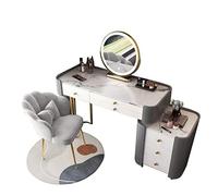 Coiffeuse Commode Chambre à Coucher Moderne Commode rétractable Minimaliste avec Armoire latérale, Miroir Rond LED, Tabouret de Vinaigrette, tiroirs Multiples Table de Maquillage