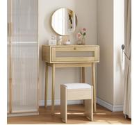 Coiffeuse compacte 60x50x128 cm avec miroir rond, tiroir effet cannage rotin, finition bois naturel, style bohème, sans chaise