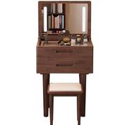 Coiffeuse Compacte Avec Miroir Éclairé Dissimulé Table De Maquillage Rabattable Avec Tiroirs De Rangement Et Tabouret Rembourré Coiffeuse Peu Encombrante Pour Petite Chambre Couleur Noyer Coiffeuse(50