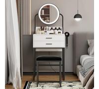 Coiffeuse compacte et lumineuse avec miroir - Petite coiffeuse moderne avec tiroirs - Bureau de maquillage blanc avec sèche-cheveux et tabouret rembourré pour chambre à coucher (blanc et noir)