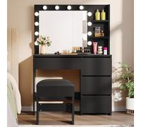 Coiffeuse Contemporaine avec Éclairage, Miroir, Tabouret Moelleux, 4 Tiroirs, Compartiments Ouverts, Blanc, Acajou