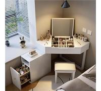Coiffeuse d'angle en bois massif avec miroir rabattable et tabouret - Coiffeuse compacte pour chambre à coucher Finition blanche élégante