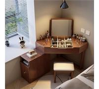 Coiffeuse d'angle en bois massif avec miroir rabattable et tabouret - Petite coiffeuse pour chambre à coucher élégante