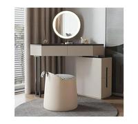 Coiffeuse d'angle peu encombrante avec armoires de rangement et miroir rond, bureau triangulaire facile à assembler, plateau en verre pour petits espaces