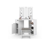 Coiffeuse D'angle Zelia Blanche 3 Miroirs Led, 3 Étagères, 1 Tiroir, 1 Caisson De Rangement Et Tabouret Blanc