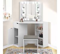 Coiffeuse D'angle Zelia Blanche 3 Miroirs Led, 3 Étagères, 1 Tiroir, 1 Caisson De Rangement Et Tabouret Blanc