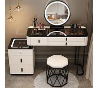 Coiffeuse de chargement sans fil avec haut-parleur Bluetooth, miroir LED, 5 tiroirs et tabouret en bois massif gris pour chambre à coucher et placard, 100 cm