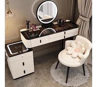 Coiffeuse de maquillage avec chargement sans fil et haut-parleur Bluetooth, comprend un miroir LED et un tabouret rembourré pour une installation beauté ultime