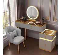 Coiffeuse de maquillage avec miroir et lumières, blanc/gris, coiffeuse avec tiroirs, table de maquillage avec chaise, pieds de rangement pour chambre à coucher, commode pour fille et femme (gris +