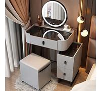 Coiffeuse de maquillage avec miroir lumineux LED, dessus en verre trempé, 3 tiroirs et tabouret de rangement, 3 modes d'éclairage, petite coiffeuse élégante pour femme