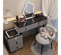 Coiffeuse de maquillage avec station de charge sans fil, haut-parleur Bluetooth, miroir de maquillage LED, tabouret rembourré, 3 couleurs de lumière réglable