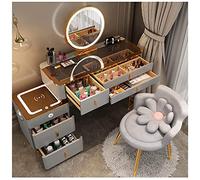 Coiffeuse de maquillage avec station de charge sans fil, haut-parleur Bluetooth, miroir de maquillage LED et tabouret rembourré, taille compacte de 100 cm
