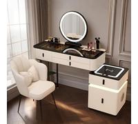 Coiffeuse de maquillage blanche et grise avec miroir LED et lumières, 100 cm avec tiroirs et chaise, rangement élégant pour chambre à coucher pour filles et femmes