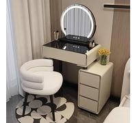 Coiffeuse de maquillage en bois avec lumières réglables et miroir pour économiser de l'espace avec armoire de rangement et tabouret rembourré, parfaite pour les petites chambres.