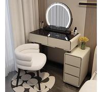 Coiffeuse de maquillage en bois avec miroir et lumières, luminosité réglable et tabouret rembourré, parfaite pour les petites chambres à coucher.