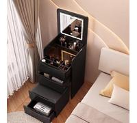 Coiffeuse de maquillage lumineuse avec miroir rabattable, 3 couleurs LED, rangement interne et tiroir, design élégant noir avec tabouret, coiffeuse compacte de 48 cm.