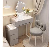 Coiffeuse de maquillage moderne avec miroir et lumières en bois avec tiroirs de rangement et tabouret rembourré, parfait pour les petites chambres et décoration élégante