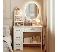 Coiffeuse de maquillage moderne avec miroir rond éclairé par LED, 4 grands tiroirs et 3 étagères de rangement, pour chambre à coucher, 80 x 40 x 138 cm, élégante et fonctionnelle