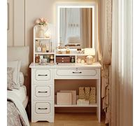 Coiffeuse de maquillage moderne blanche avec miroir LED et éclairage 4 grands tiroirs et 3 étagères de rangement 80 x 40 x 138 cm Miroir carré pour chambre à coucher