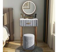Coiffeuse de maquillage moderne grise avec miroir et tiroirs, lumières LED, bureau d'écriture compact avec tabouret de maquillage - Petite coiffeuse élégante pour chambre à coucher ou bureau à