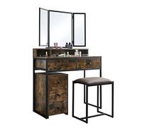 Coiffeuse de style industriel avec 3 miroirs tabouret et 2 tiroirs Idéal pour chambre ou dressing Finition marron/noir