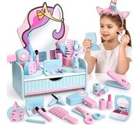 Coiffeuse de Table en Bois Enfant Fille Faux Maquillage Jouet Accessoires Coiffeuse avec Tiroirs d'Imitation Jeux de Maquillage Coffret Jouet Fille 4 5 6 Ans Princesse Anniversaire Cadeau 3 4 5 6 7 8