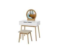 Coiffeuse design scandinave table de maquillage avec miroir, 2 tiroirs et tabouret blanc pin clair