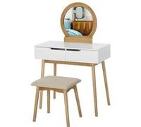 HOMCOM Coiffeuse Design scandinave Table de Maquillage avec Miroir, 2 tiroirs et Tabouret Blanc pin Clair