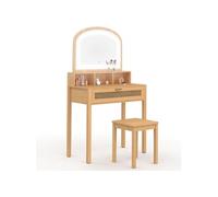 IDMarket Coiffeuse EDHEN – miroir LED, 1 tiroir, 3 niches et tabouret effet cannage naturel et bois