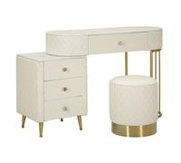 Coiffeuse effet matelassé avec tabouret Sharon blanc et doré