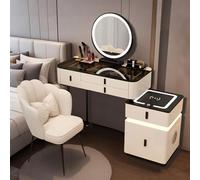 Coiffeuse en bois avec miroir et chaise - 80 cm/100 cm, dessus en verre avec tiroirs et lumières (blanc + dessus noir, 80 cm)