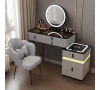 Coiffeuse en bois avec miroir et chaise - 80 cm/100 cm - Dessus en verre avec tiroirs - Table de coiffeuse avec lumières - Pour chambre à coucher (gris + dessus noir, 100 cm)