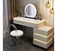 Coiffeuse en bois avec miroir et lumières - 6 grands tiroirs - Tabouret rembourré - Élégant ensemble de fourrure pour le maquillage et l'habillage