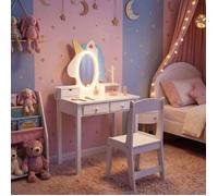 Coiffeuse Enfant 2 en 1 avec Miroir LED-COSTWAY-avec Tabouret 3 tiroirs Porte-Bijoux Hème Licorne 59 x 35 x 103 5CM Blanc